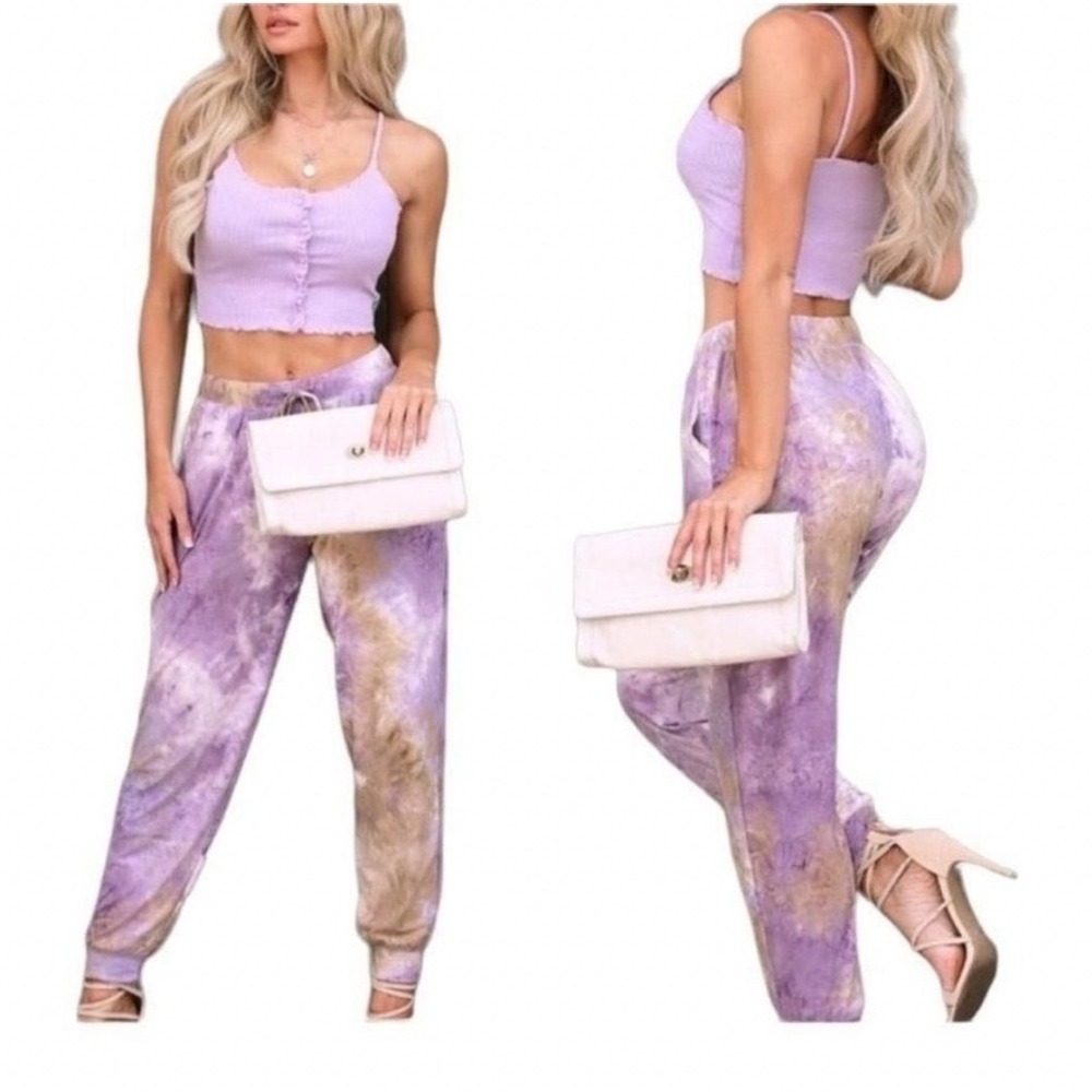 Ninexis Women 3X Tie Dye‎ Lounge Pants Purple Tan Wide Leg Drawstring CWBLP117